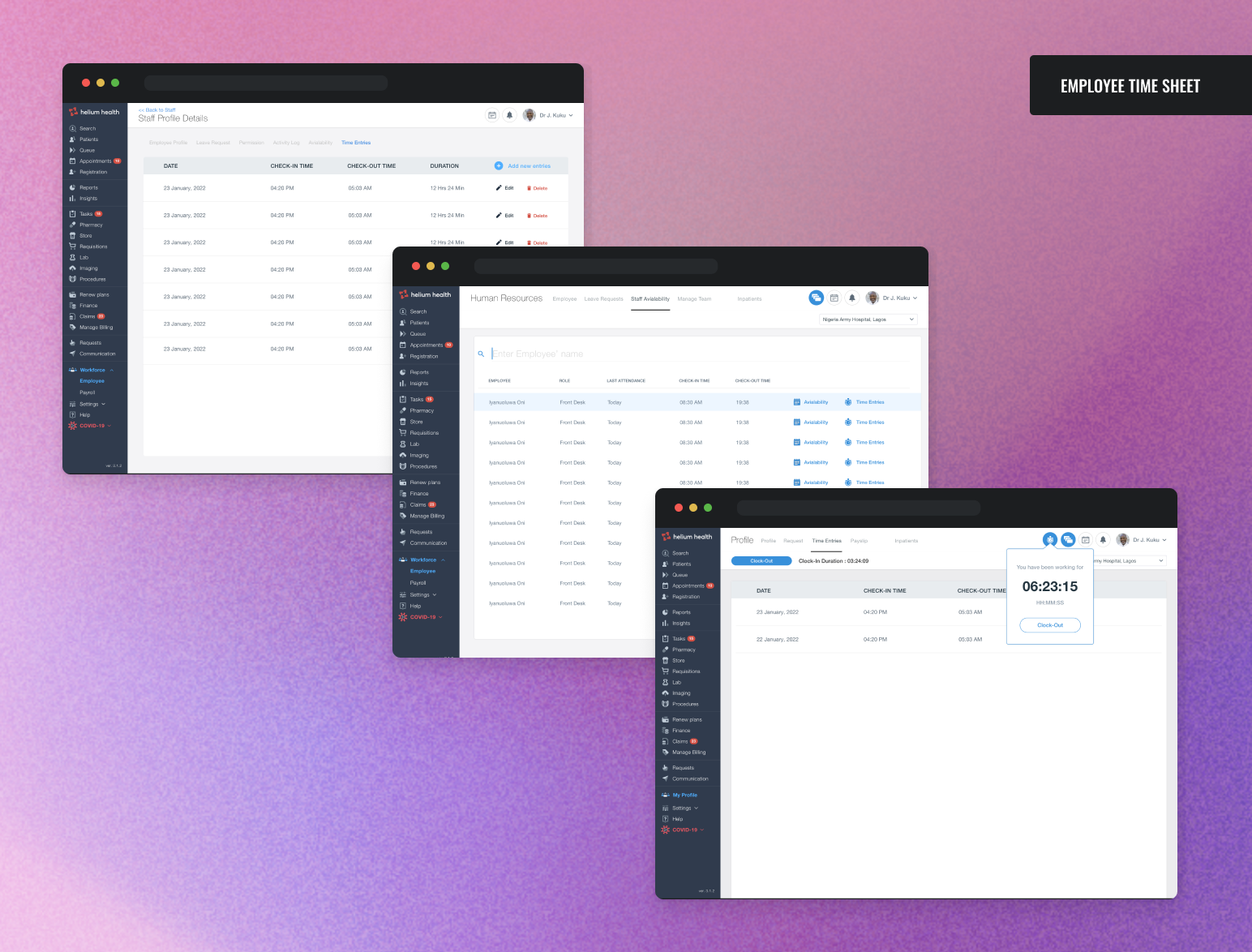 Helium Health HRIS — availability & check-ins